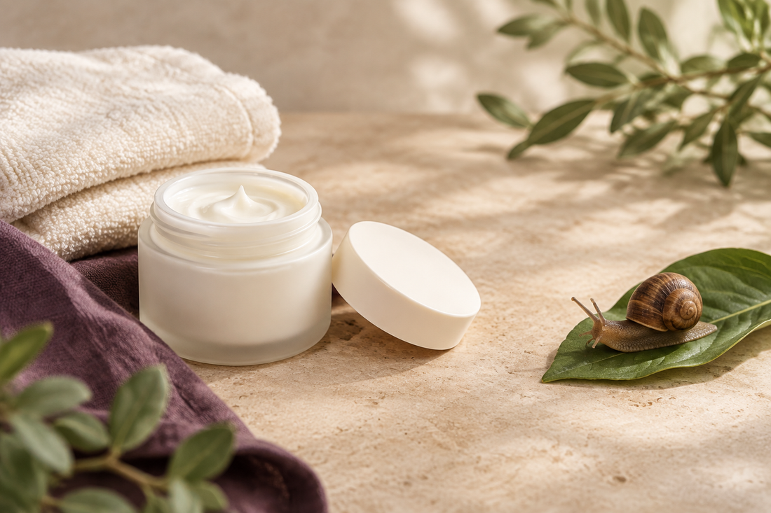Conceptual snail-themed skincare scene with an unbranded cream jar, a snail on a green leaf, cream towels and plum linen.