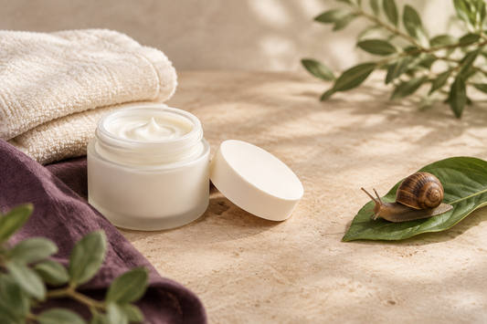Conceptual snail-themed skincare scene with an unbranded cream jar, a snail on a green leaf, cream towels and plum linen.