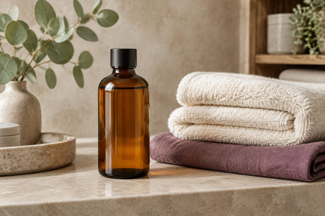 Conceptual body-care scene with an unbranded amber bottle, cream towels and plum linen.