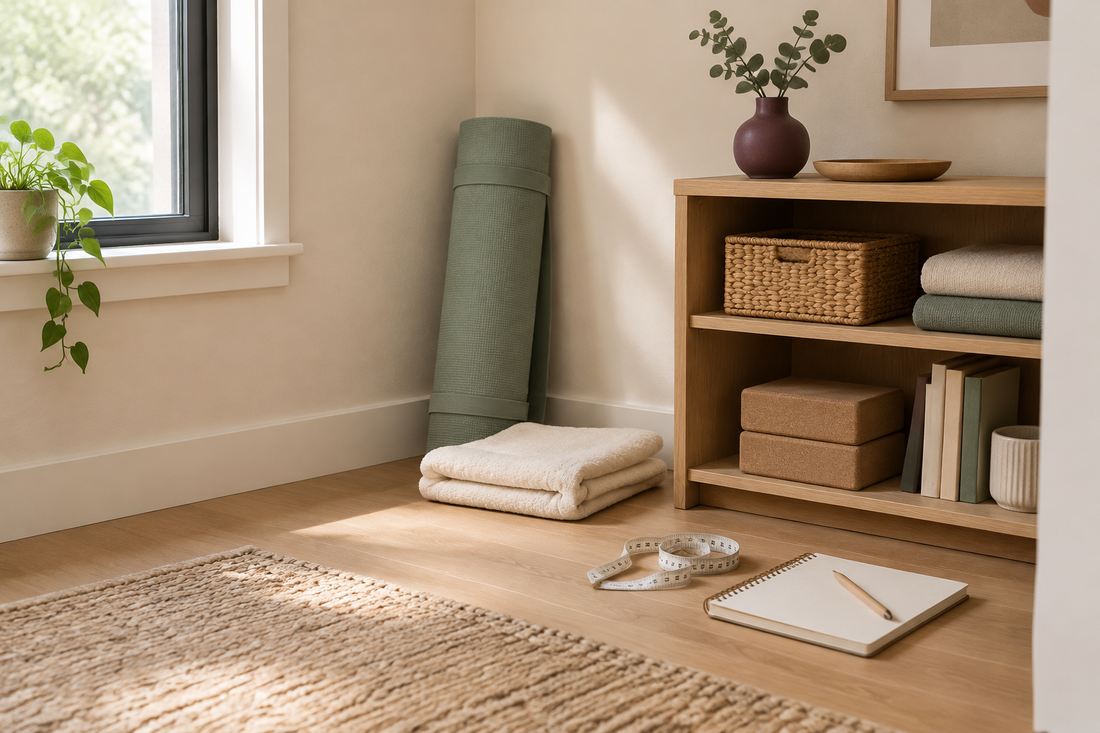Home exercise corner with a rolled sage mat, cream towel, tape measure and notebook beside a wooden shelf.